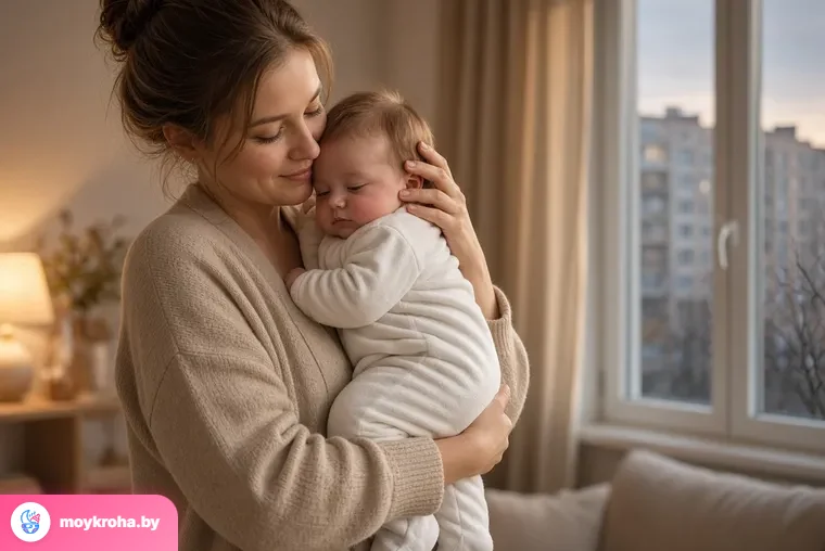 Мама прижимает к себе двухмесячного малыша, он успокоился у неё на руках