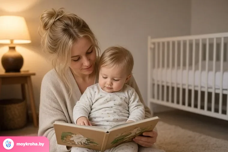 Мама читает книжку малышу перед сном в детской с тёплым приглушённым светом
